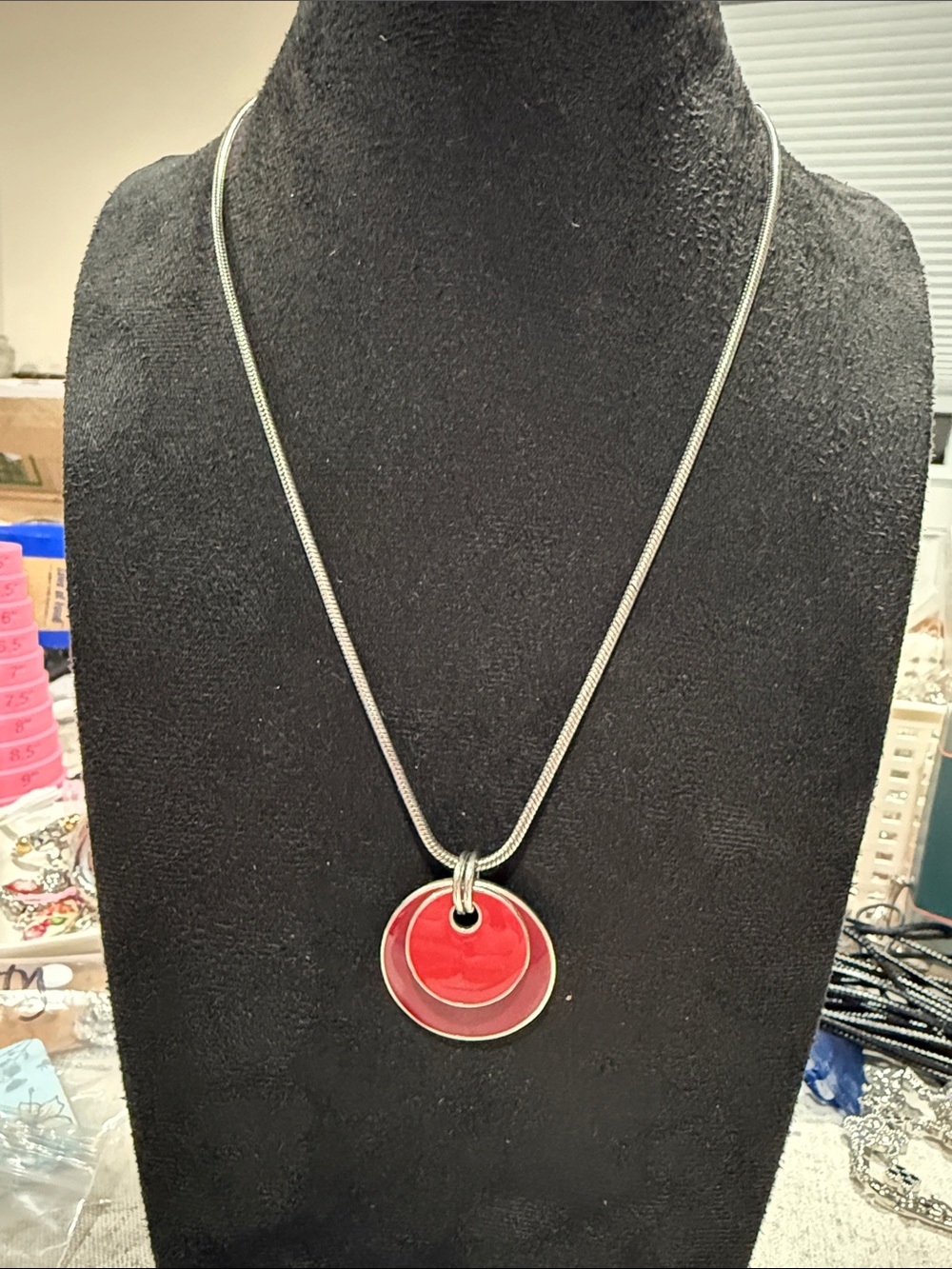 Chico's Red Enamel Double Circle Pendant – 18" Silver Snake Chain – Short Statem